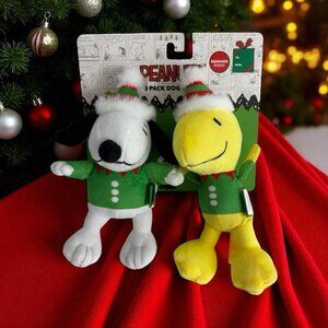 Peanuts Snoopy & Woodstock Dog Toy 7" Christmas Holiday Plush -Front Squeaks